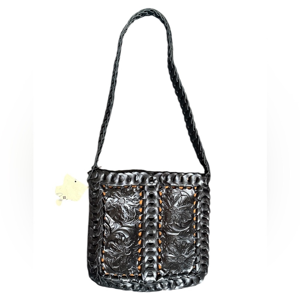 Patricia Nash Vaticci Tooled Leather Crossbody Bag Black Woven Chain Strap - Picture 4 of 9